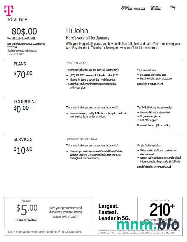 USA T-mobile rachunek za media szablon w formacie Word i PDF, Wersja 3